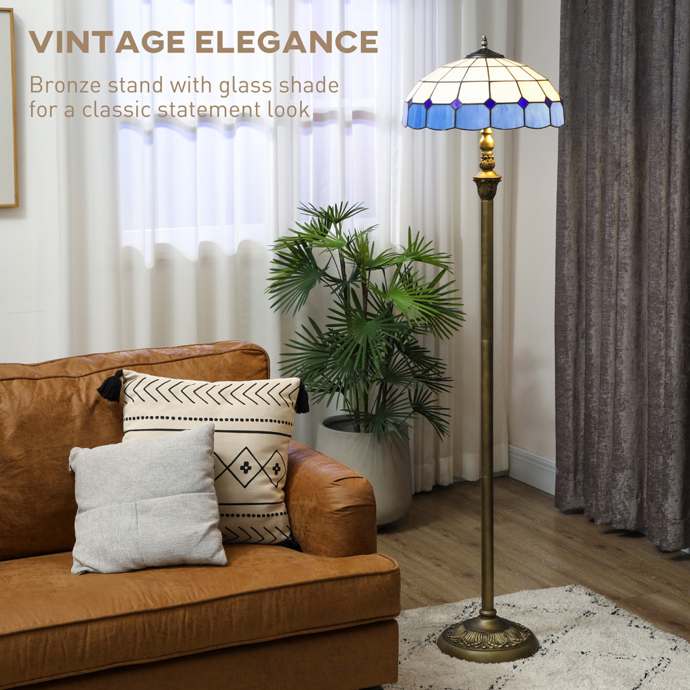 HOMCOM Blue Vintage Handcrafted Stained Glass Shade Floor Lamp Image 8