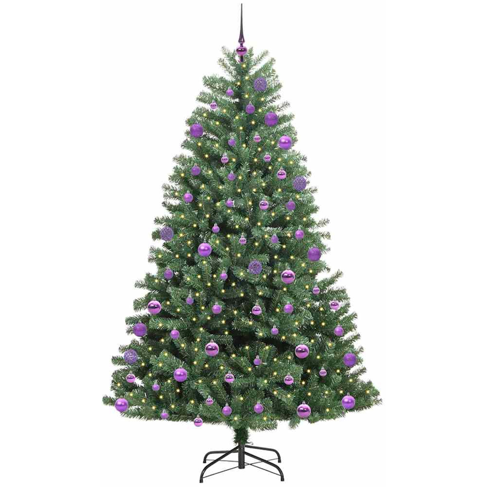 vidaXL Pre-Lit Lilac Baubles Green Artificial Hinged Christmas Tree 6ft Image 1