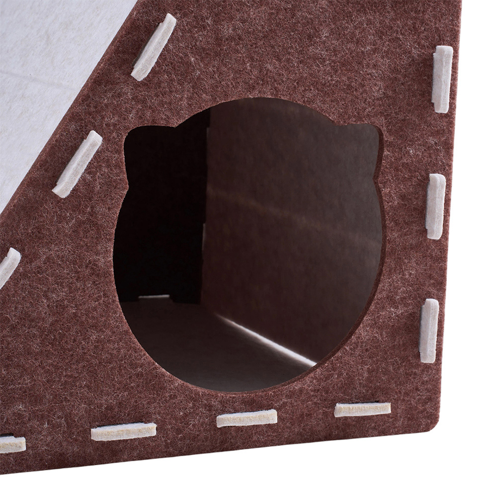 H&O Direct Brown 2 Tone Felt Triangle Cat Scratcher House with Hanging Fluffy Ball Image 3
