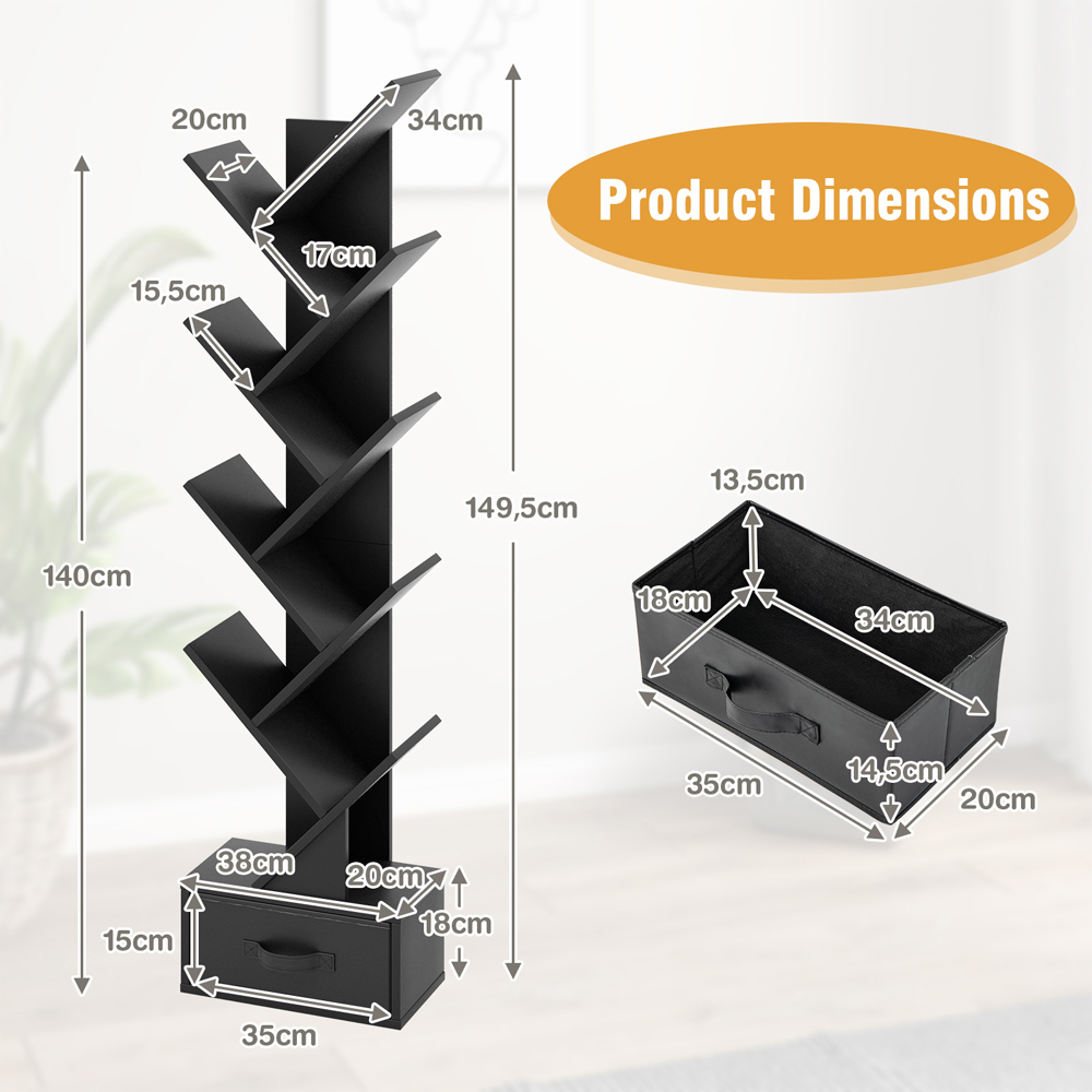 Costway Single Drawer 8 Shelf Black Tree Bookshelf Image 9