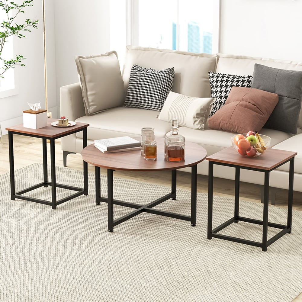 Costway Walnut Metal Coffee Table Set of 3 Image 1