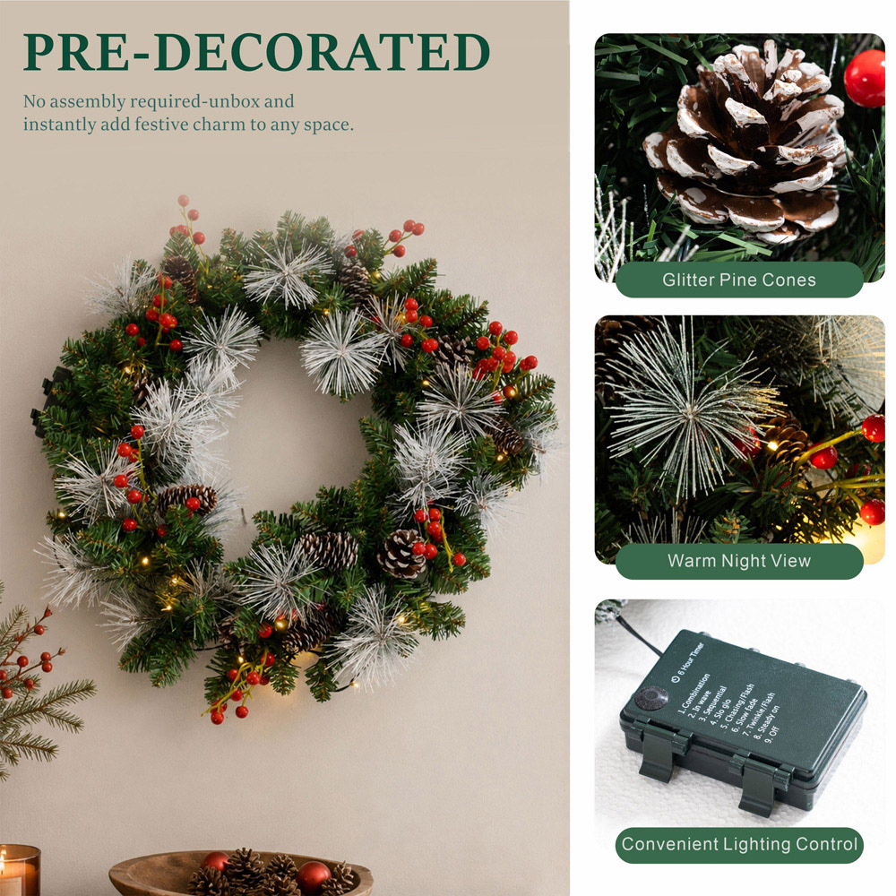 Abrihome 35 Warm White LED Artificial Cypress Christmas Wreath with 120 Tips and 10 Pinecones 50cm Image 5