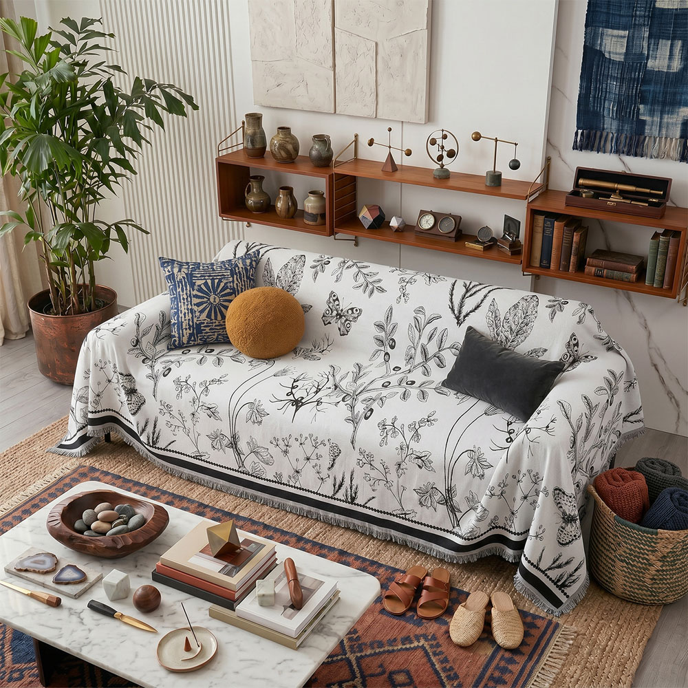 Living and Home 2 Seater White and Black Butterfly Chenille Sofa Cover Image 7