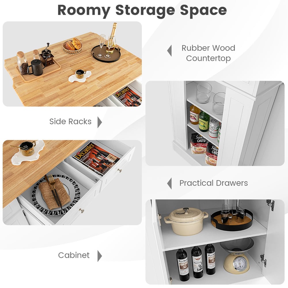 Costway White Extendable Worktop Drop Leaf Kitchen Island with Adjustable Shelf Image 6