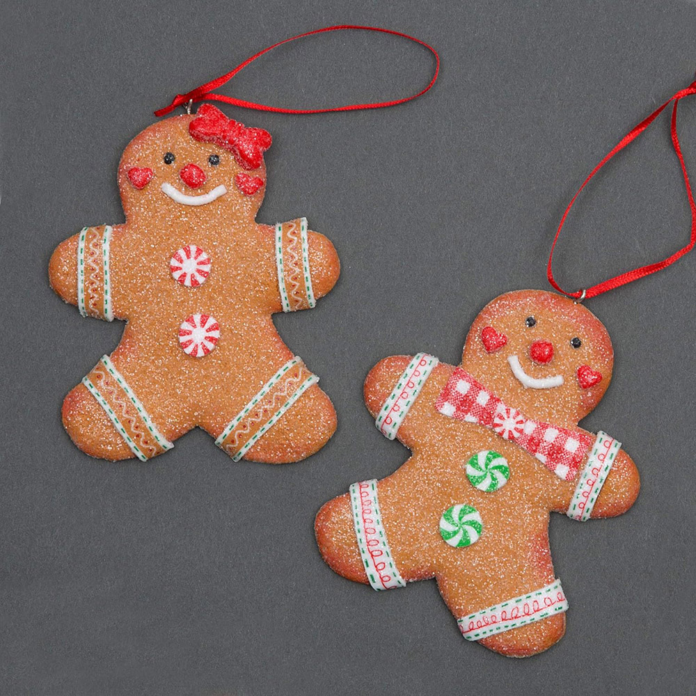 Shatchi Yellow Gingerbread Cookie Couple Man and Lady Hanging Christmas Decoration Image 2