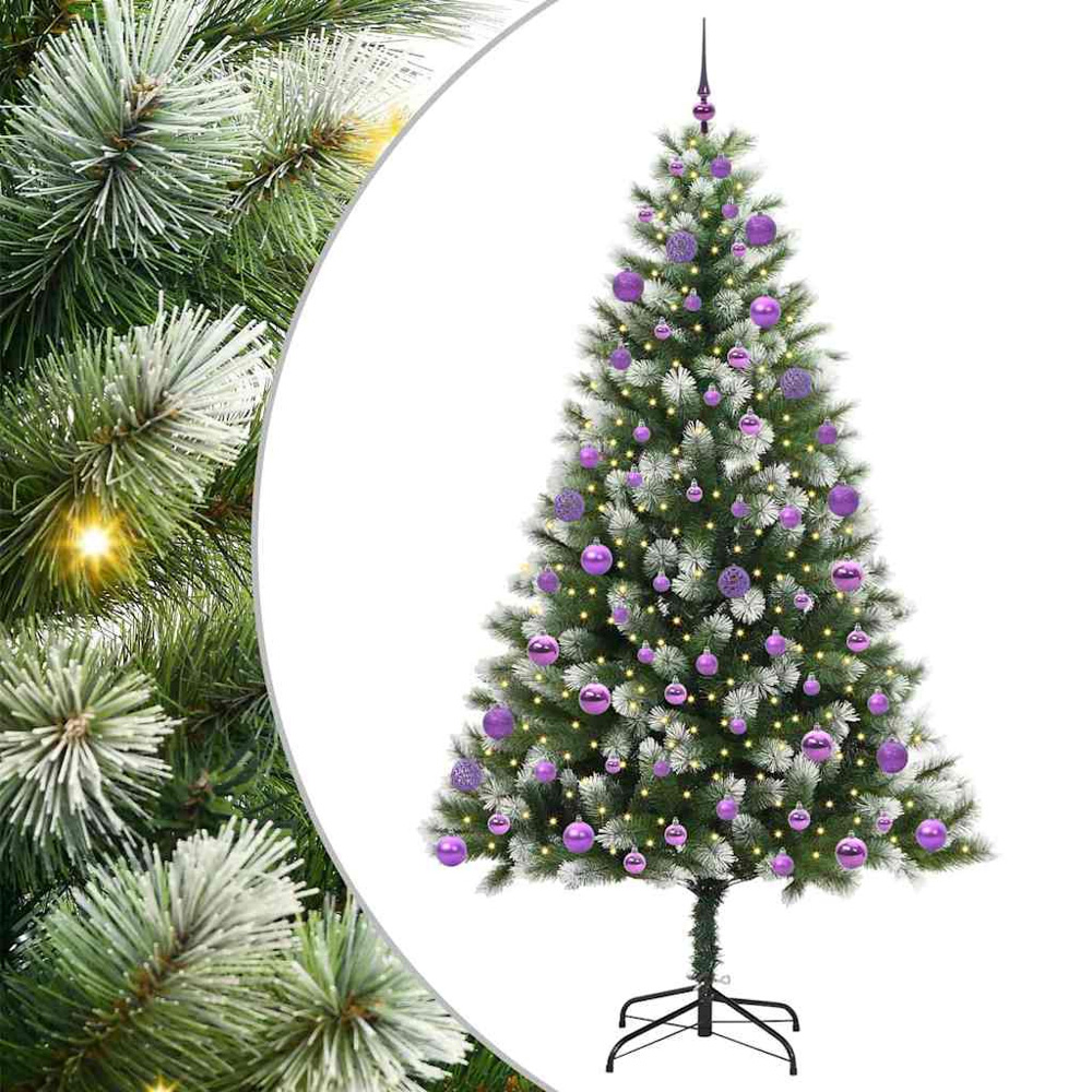 vidaXL Pre-Lit Lilac Baubles Green Artificial Snow Tipped Hinged Christmas Tree 7ft Image 2