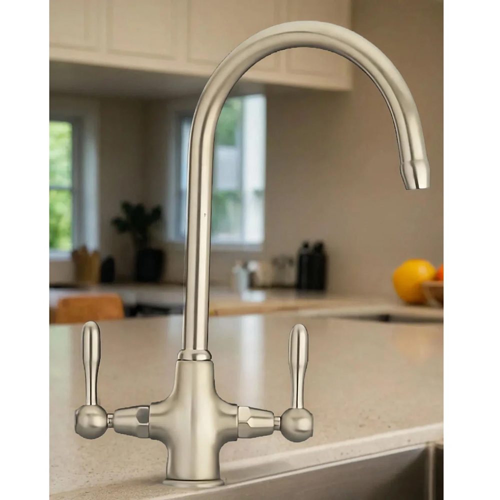Piralla Swan Antique Brushed Brass Solid Metal Twin Lever Swivel Spout Kitchen Tap Image 2