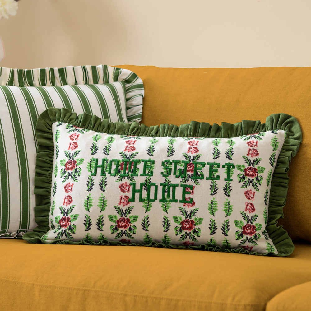 Furn Feeoni Home Sweet Home Embroidered Willow Green Cotton Cushion 30 x 50cm Image 2
