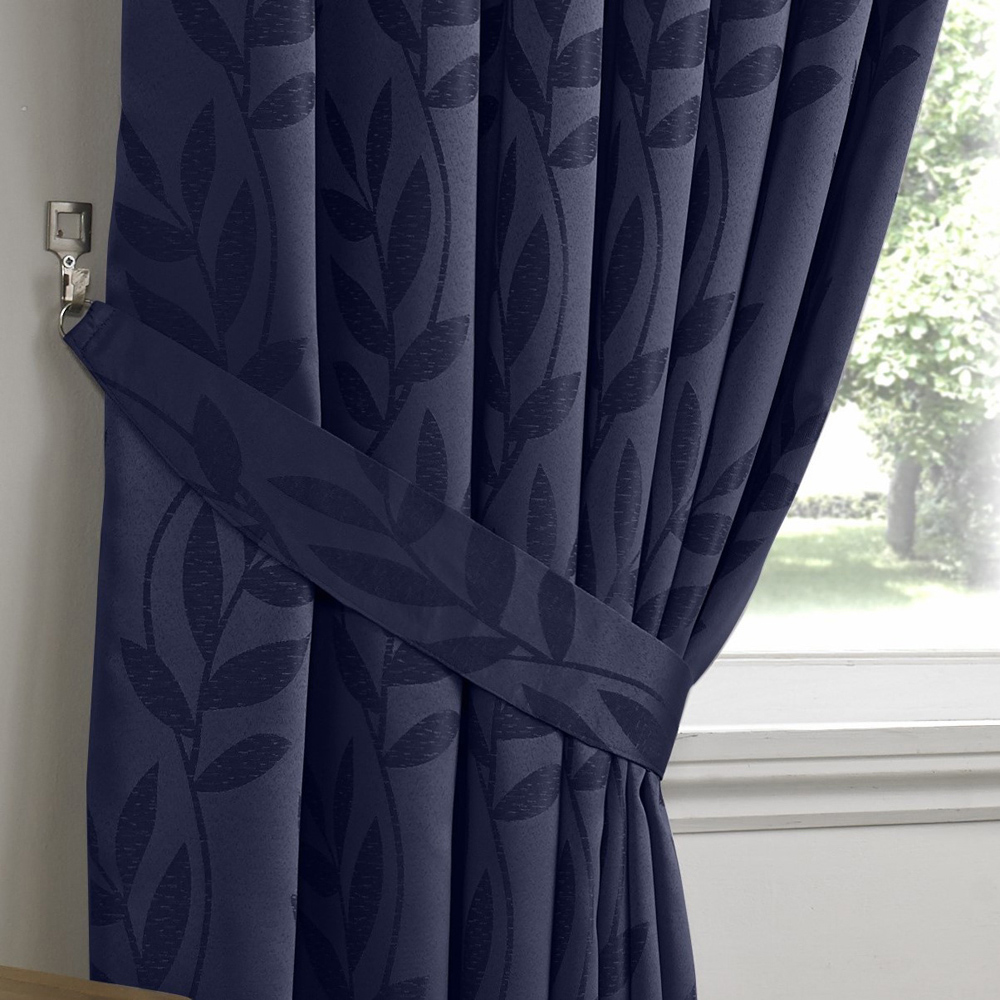 Alan Symonds Dupion Navy Blue Leaf Jacquard Ring Top Eyelet Curtains 117 x 137cm Image 3