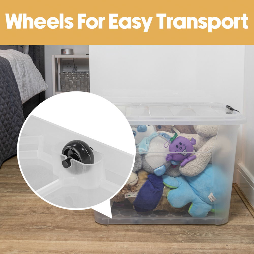 JVL 60L Clear Plastic Stackable and Nestable Storage Box with Wheels and Secure Clip Lid 4 Pack Image 3