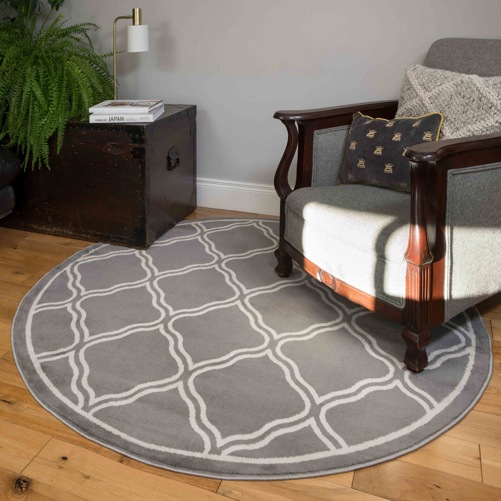 Kukoon Grey Bordered Geometric Trellis Rug 160cm Image 2