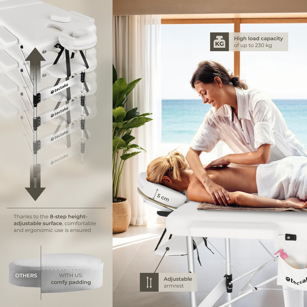 Massage Table Phuket - 3 zones, 70 cm wide, aluminium frame, carry bag & masks - White Image 8
