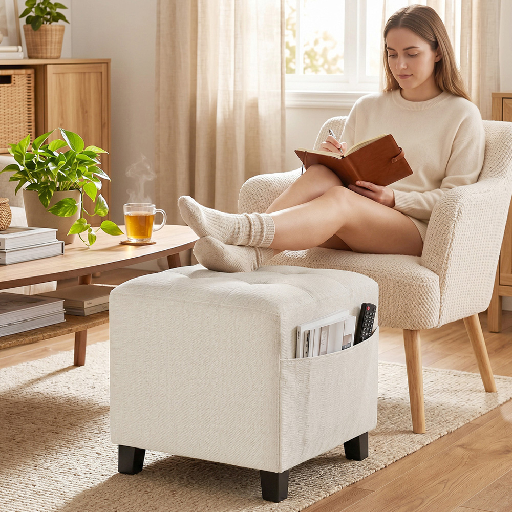HOMCOM Beige Small Ottoman Pouffe Stool with Side Pocket Image 1