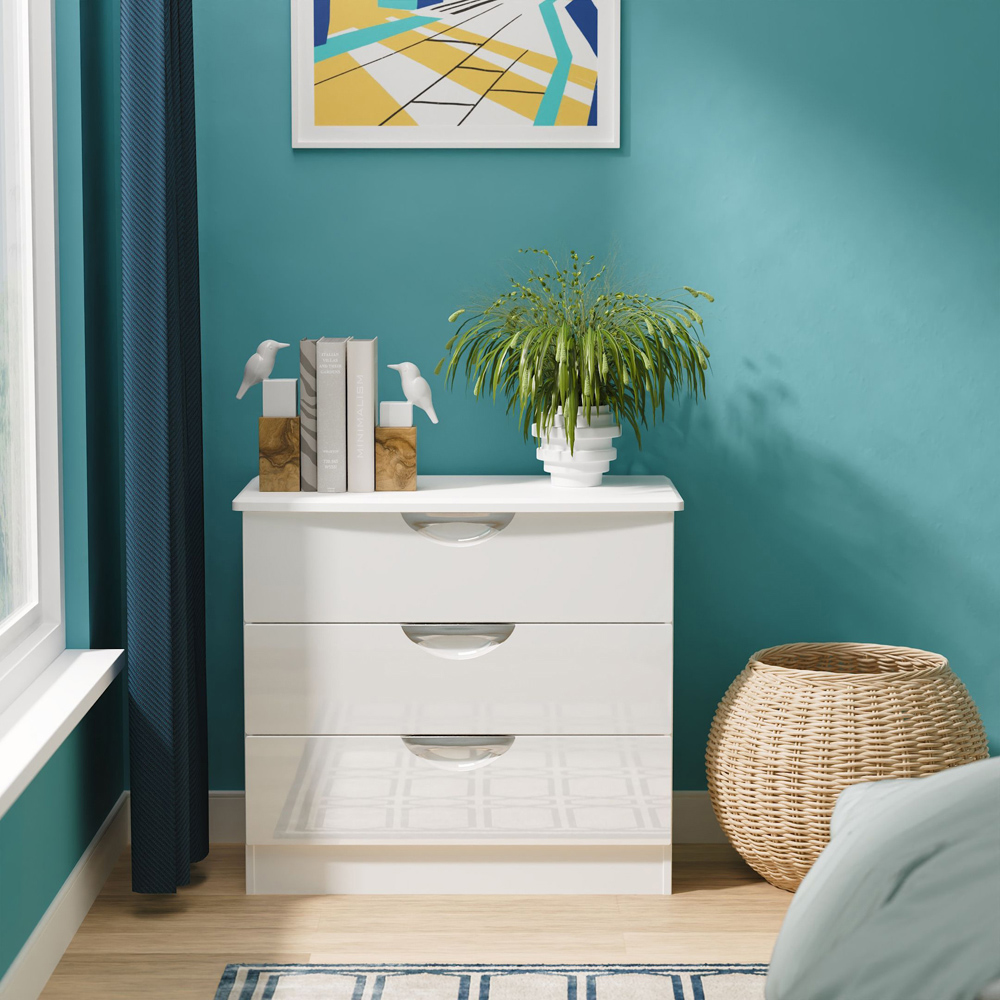 Crowndale Camden 3 Drawer White Gloss and White Chest of Drawers Ready Assembled Image 7