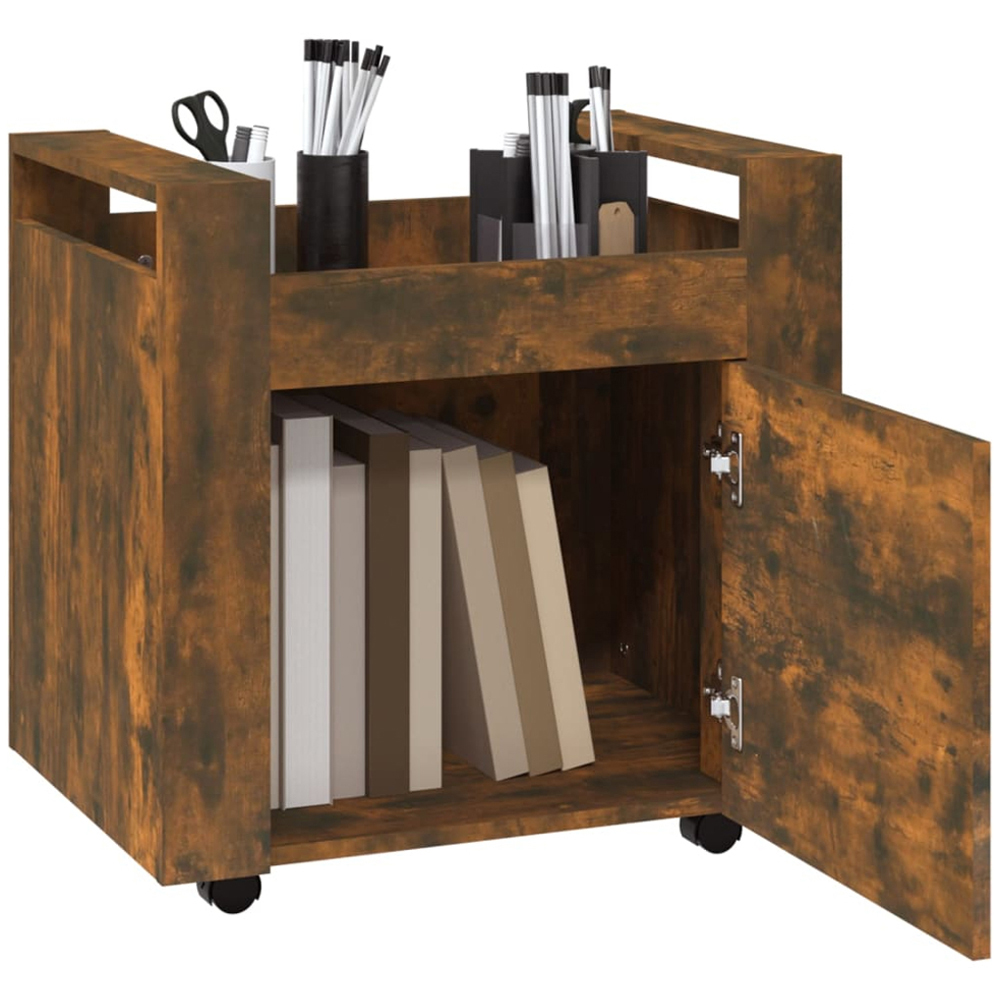 vidaXL Single Door Single Shelf Smoked Oak Wooden Desk Trolley Image 5