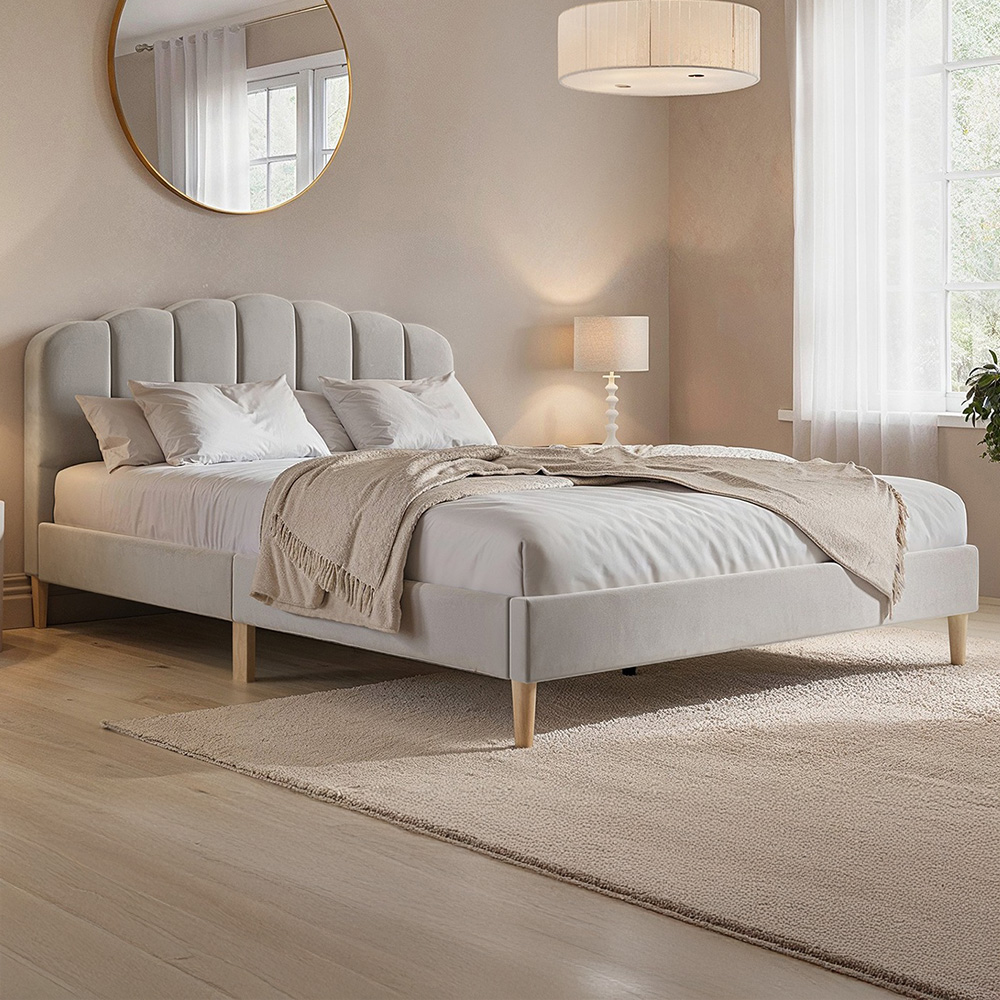 Flair Scallop Double Beige Velvet Bed Frame Image 1