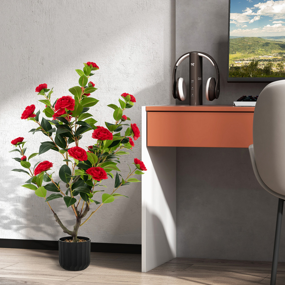 Costway Red Flowers Camellia Tree Artificial Plant In Pot 3.1ft Image 3