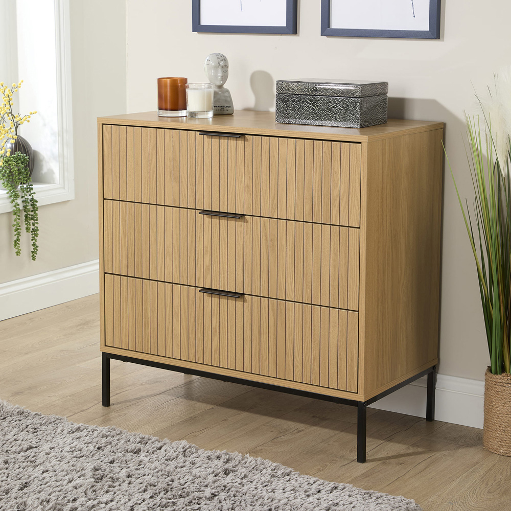 Home Source Wisbench 3 Drawer Oak and Black Wooden Wide Chest of Drawers Image 6