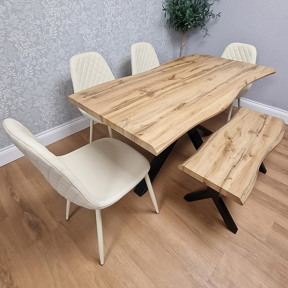 Portland 6 Seater Gem Pattern Wooden Tabletop Dining Bench Set Cream Image 1