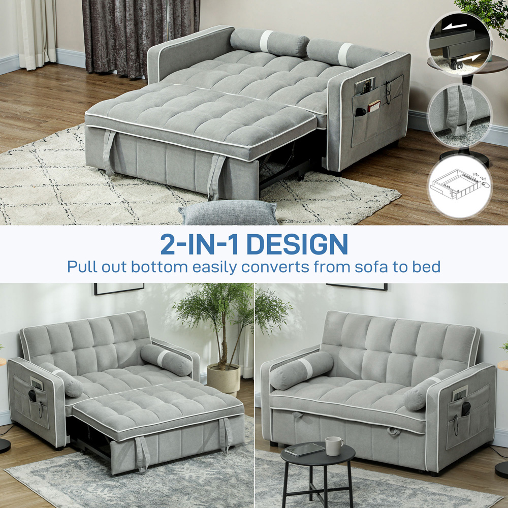 HOMCOM 2 Seater Light Grey Pull Out Sofa Bed Image 5