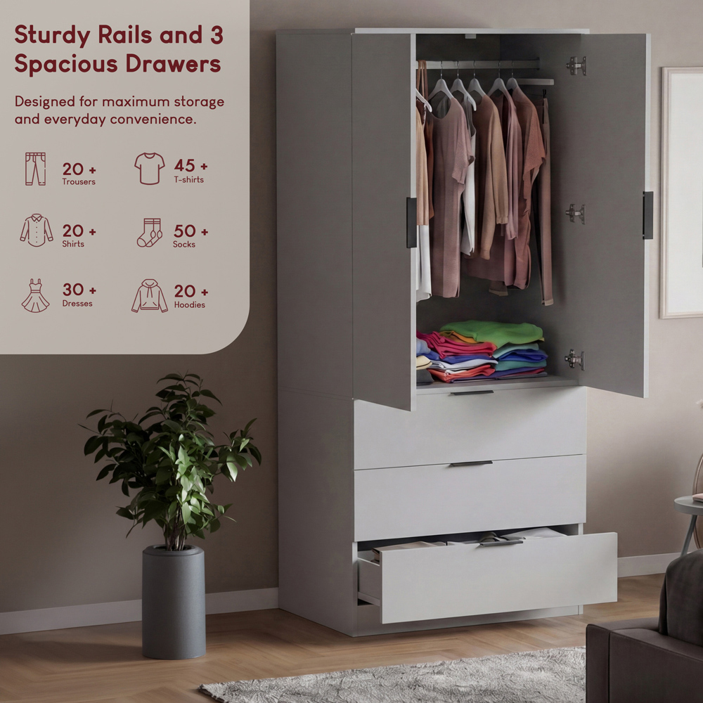 VIDA DESIGNS Trega 2 Door 3 Drawer Grey Wardrobe Image 7
