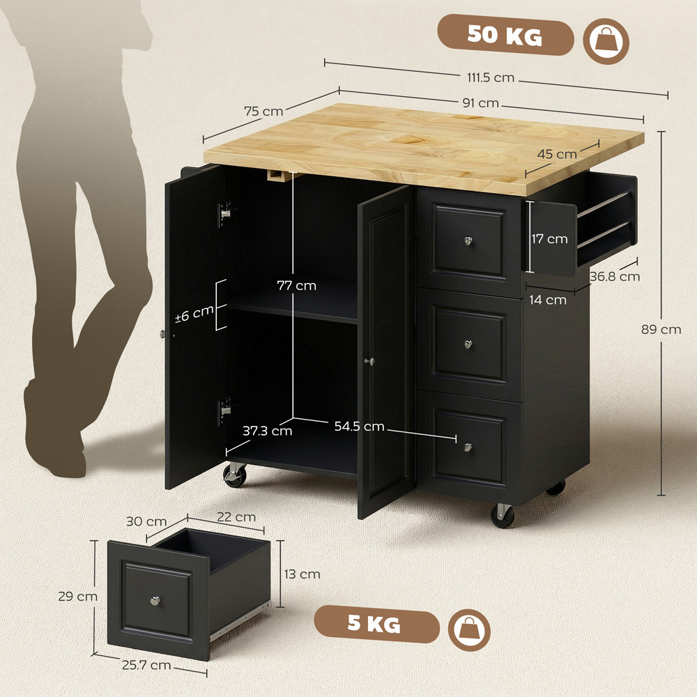 Portland 2 Door 3 Drawer Black Drop Leaf Kitchen Island Storage Trolley Image 9