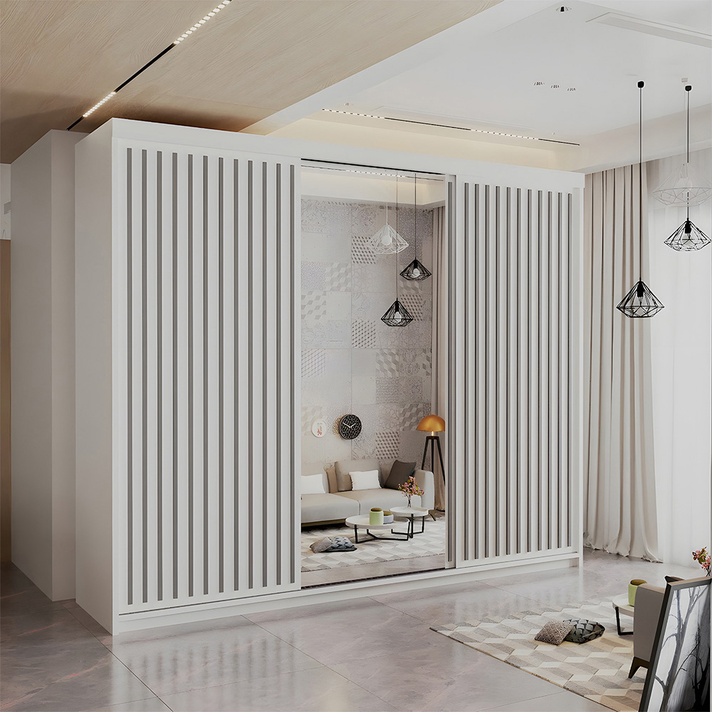 Sliding Wardrobes 4U Royal Minimalist 3 Door White Weave Mirrored Wardrobe 250cm Image 4
