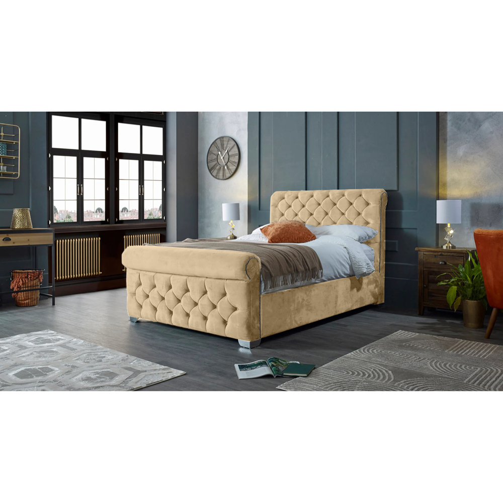 Eleganza Home Veneta King Size Beige Plush Velvet Bed Frame with Chesterfield Headboard Image 4
