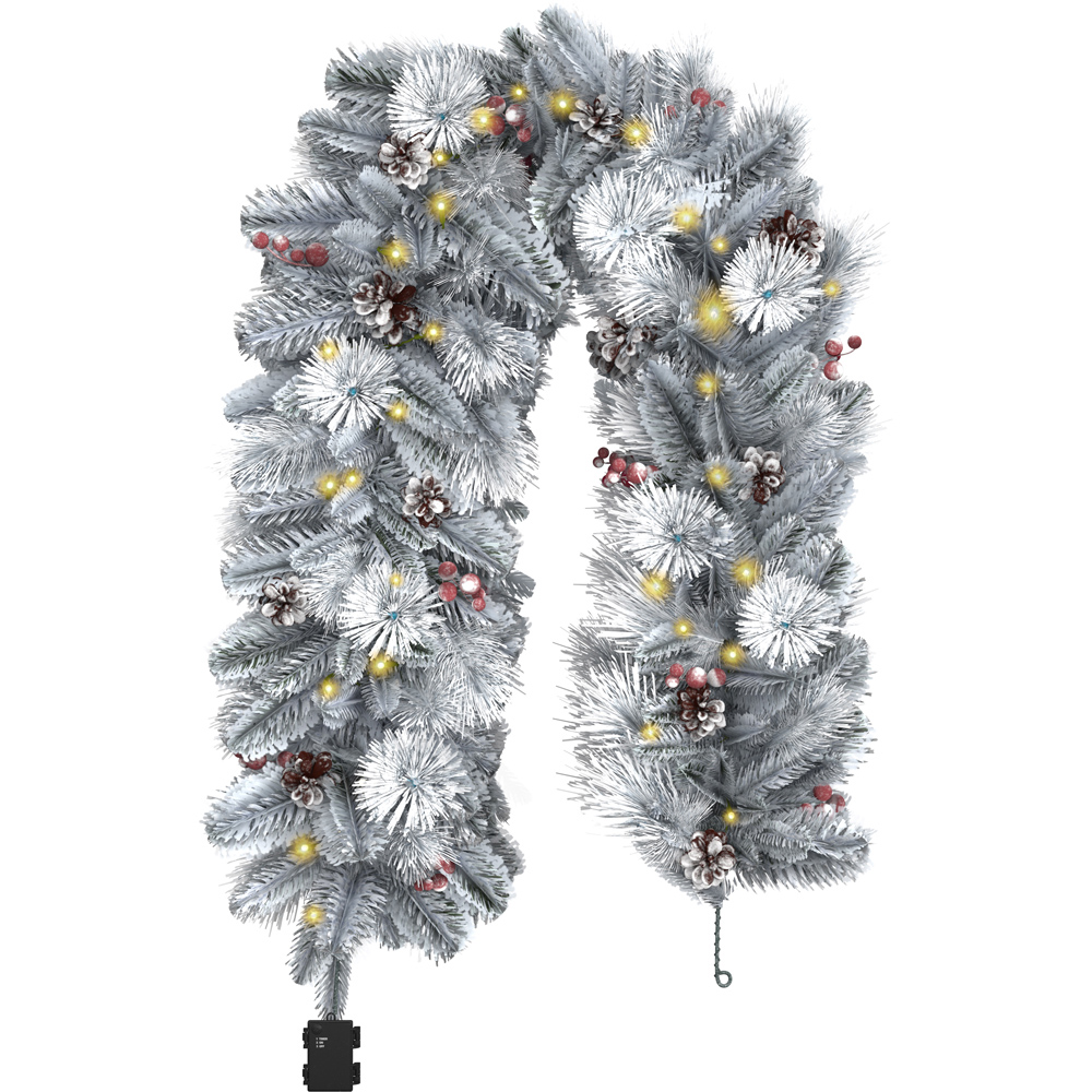 Charles Bentley Pre-Lit Snowy Christmas Garland with Red Berry and Pinecone 180cm Image 1