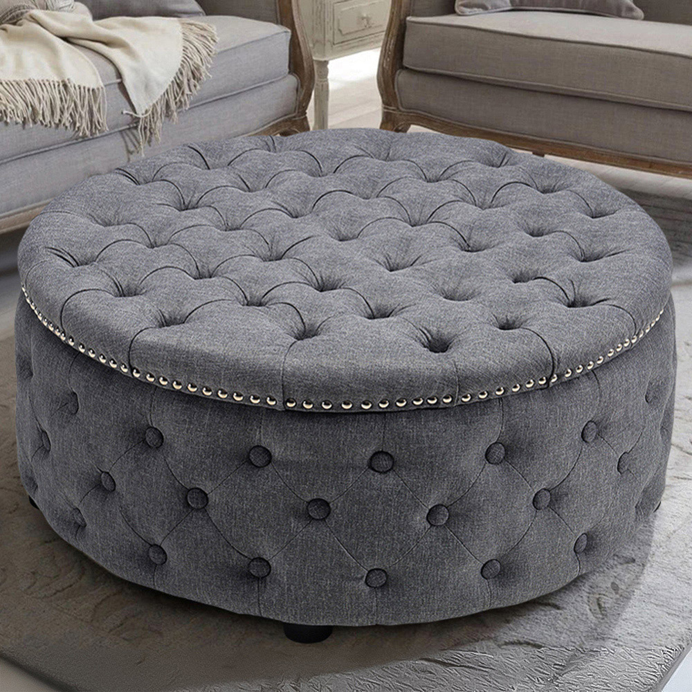 Living and Home Dark Grey Linen Round Buttoned Ottoman with Studded Edge Image 1