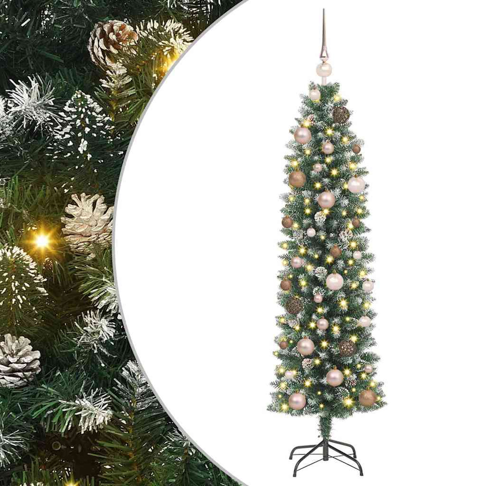 vidaXL Pre-Lit Rose Gold Bauble Pinecones Green Snow Flocked Artificial Pencil Christmas Tree 5ft Image 5