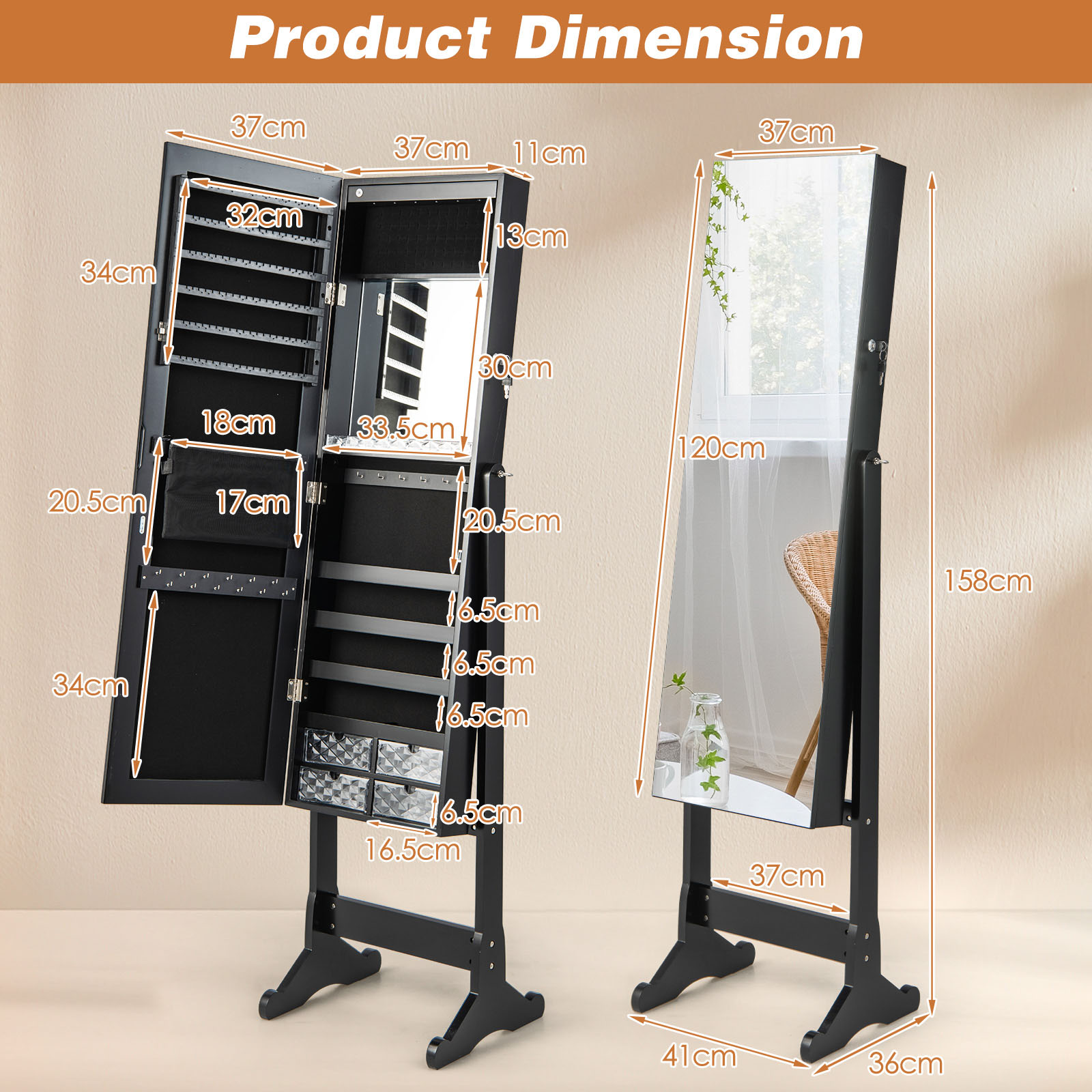 Costway 4 Drawer Black Lockable Mirrored LED Jewellery Cabinet Image 9