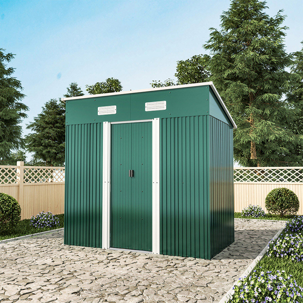 Living and Home 4 x 6ft Double Door Green Metal Garden Shed with Foundation Image 2