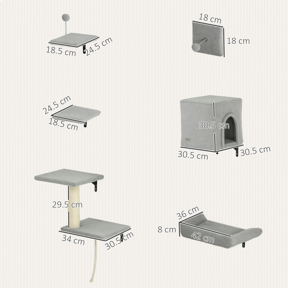 PawHut Grey 6 Piece Cat Wall Furniture Set Image 9