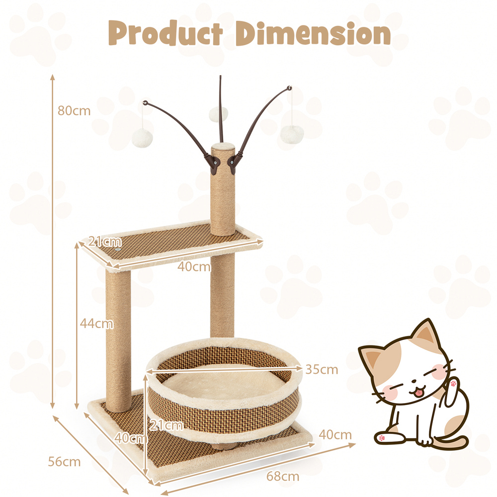 Costway Modern Cat Tower with Rattan Mat 80cm Image 9