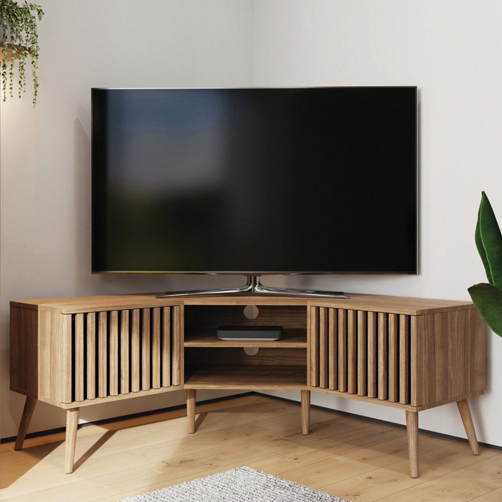GFW Rowan 2 Door 2 Shelf Oak Slatted Corner TV Unit Image 1