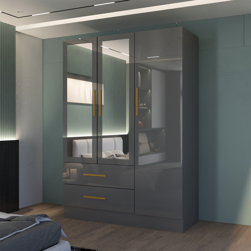 M N Furniture Glossera 3 Door 2 Drawer Grey High Gloss Mirrored Wardrobe 116cm Image 5