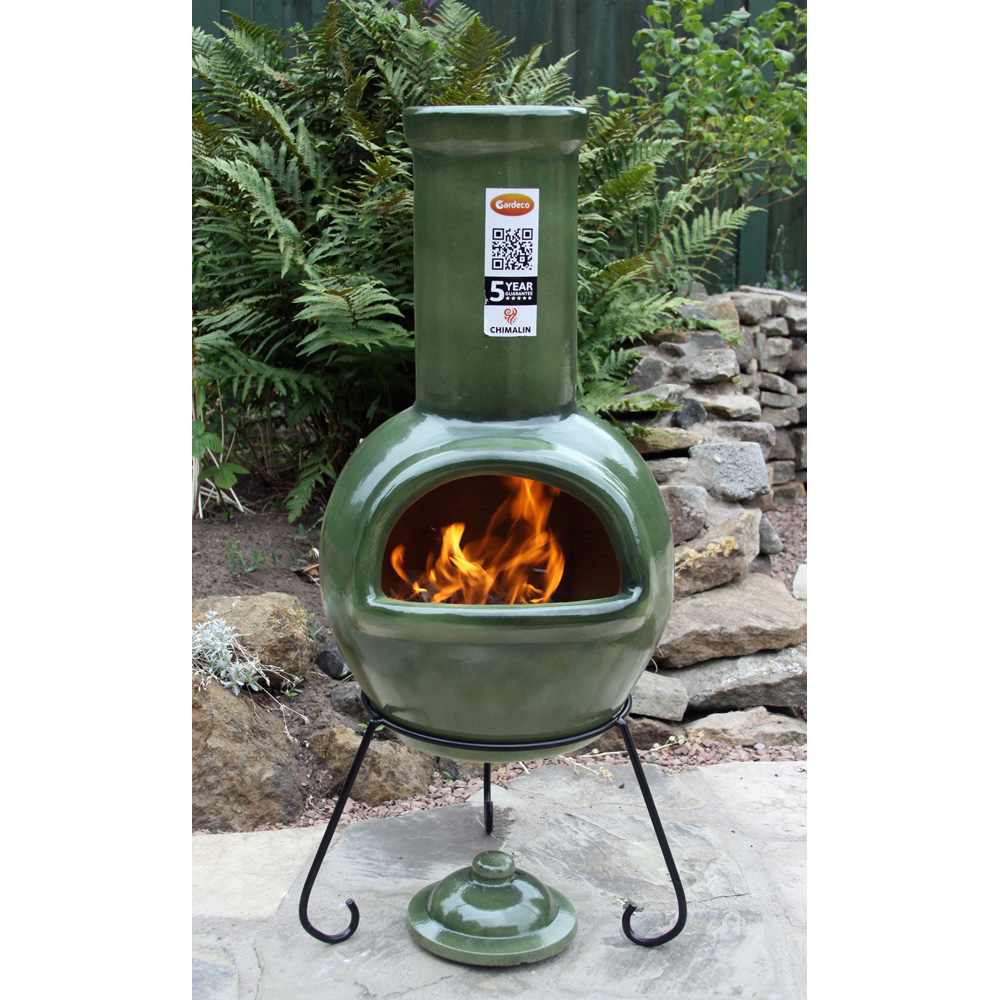 Gardeco Sempra Large Glazed Green Chimalin AFC Chimenea with Lid and Stand Image 2
