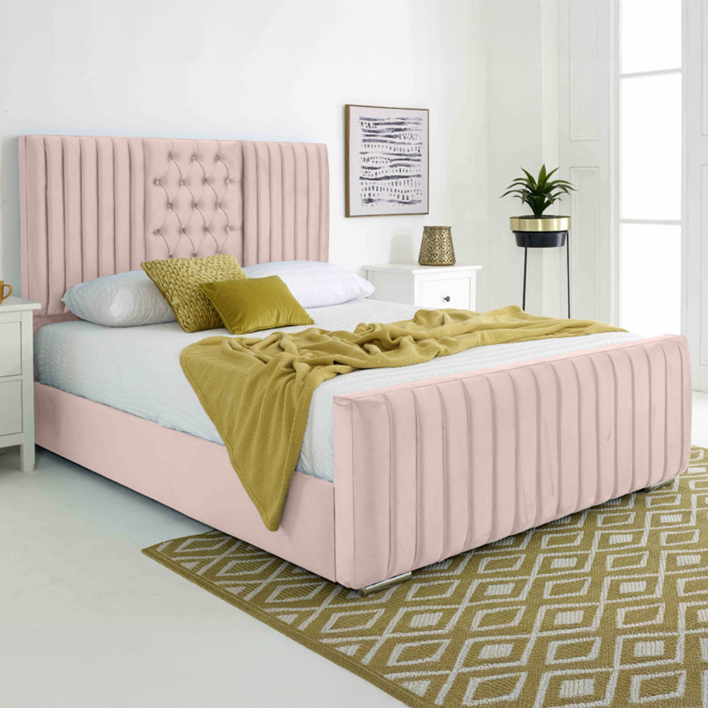 Eleganza Gracie King Size Pink Plush Velvet Bed Frame with Lined Headboard Image 1