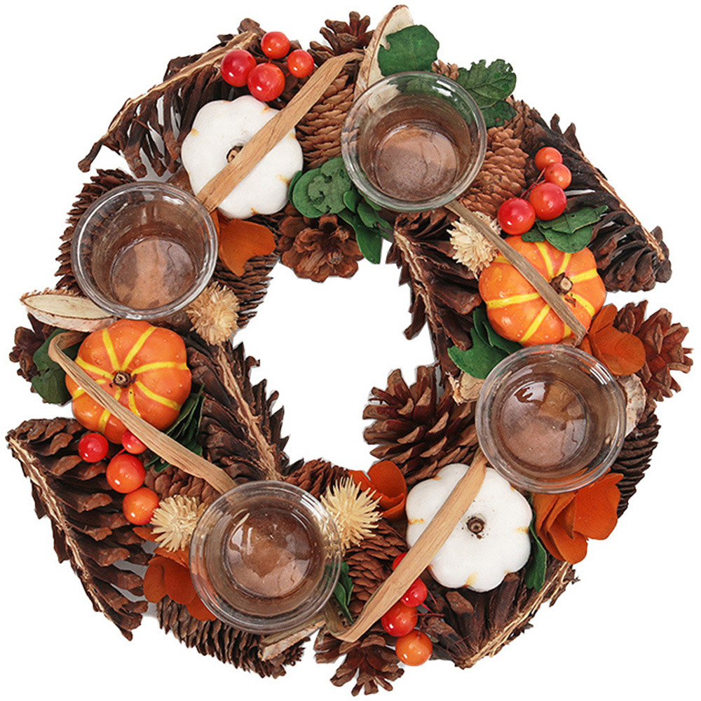 Living and Home Wreath Candle Holder with Maple Cone Berries and Pumpkins 30cm Image 1