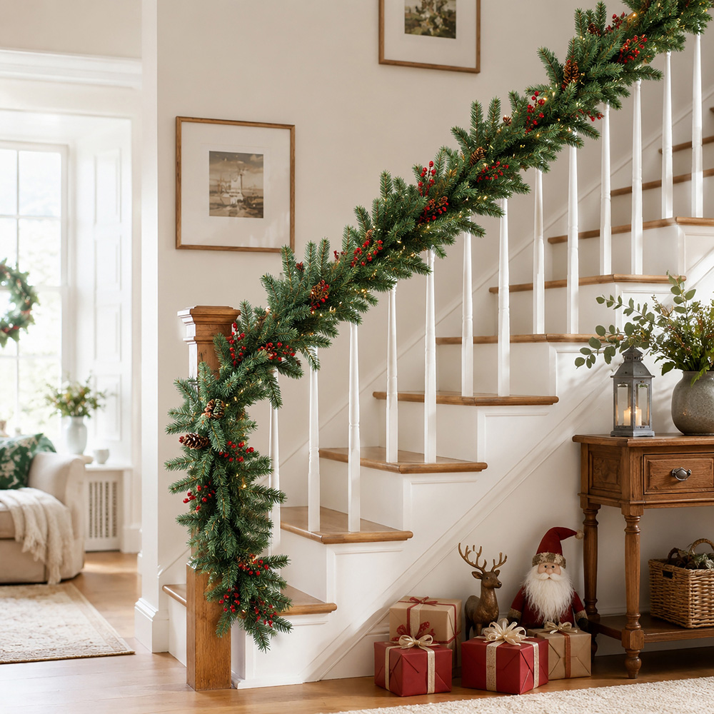 Abrihome 50 Warm White LED Artificial Christmas Garland with Tips Pinecones and Red Berries 270cm Image 4