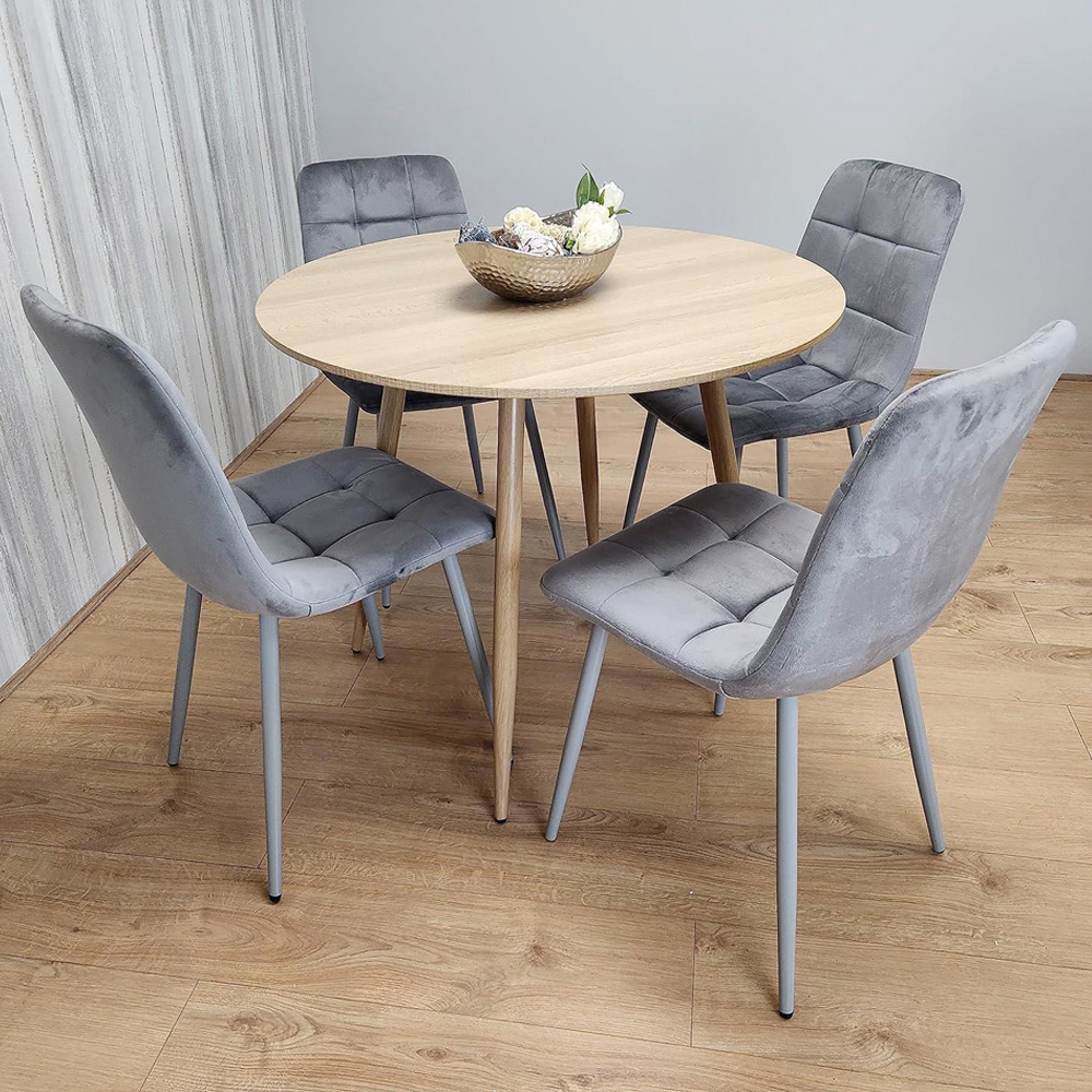 Portland 4 Seater Velvet Round Dining Set Wood Effect and Grey Image 1
