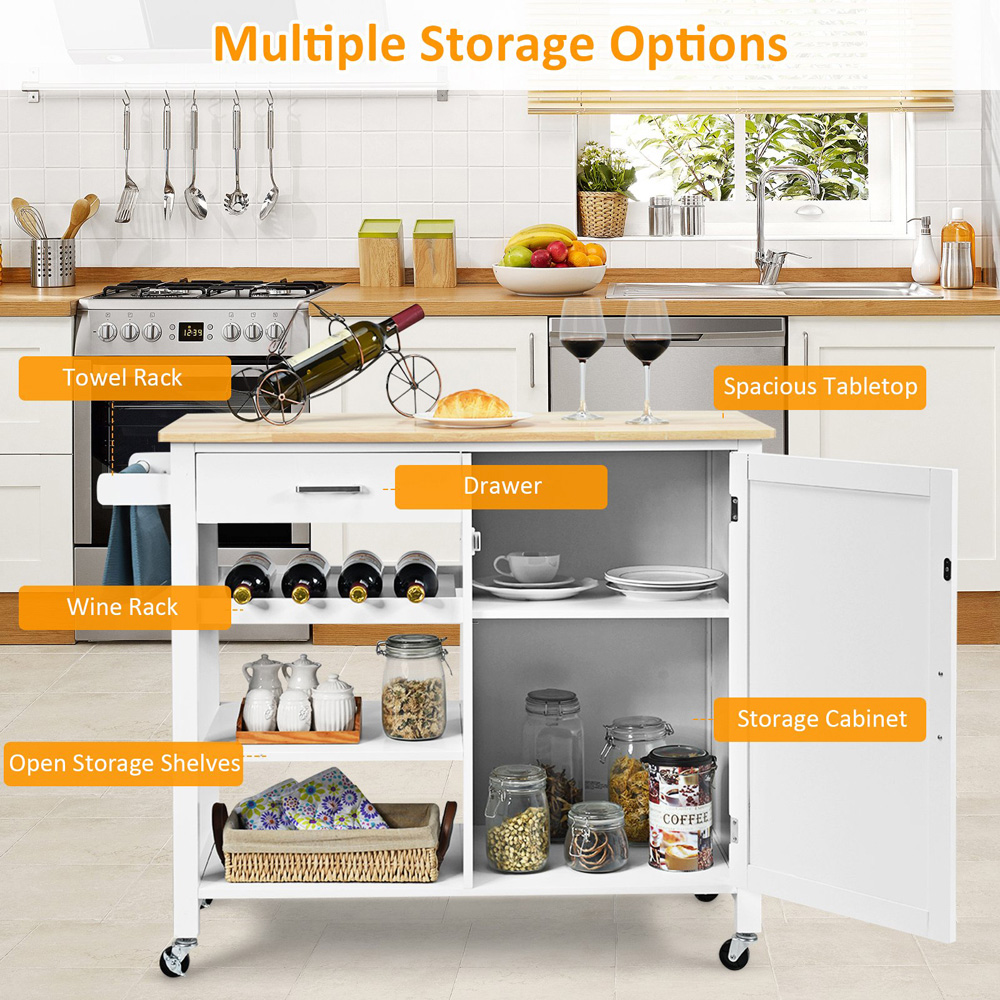Costway White Rolling Kitchen Island Cart with Wine Rack Image 4