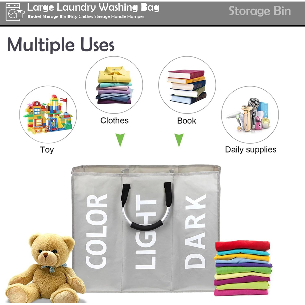 ATEK Triple Compartment Dark Grey Collapsible Laundry Basket Image 6