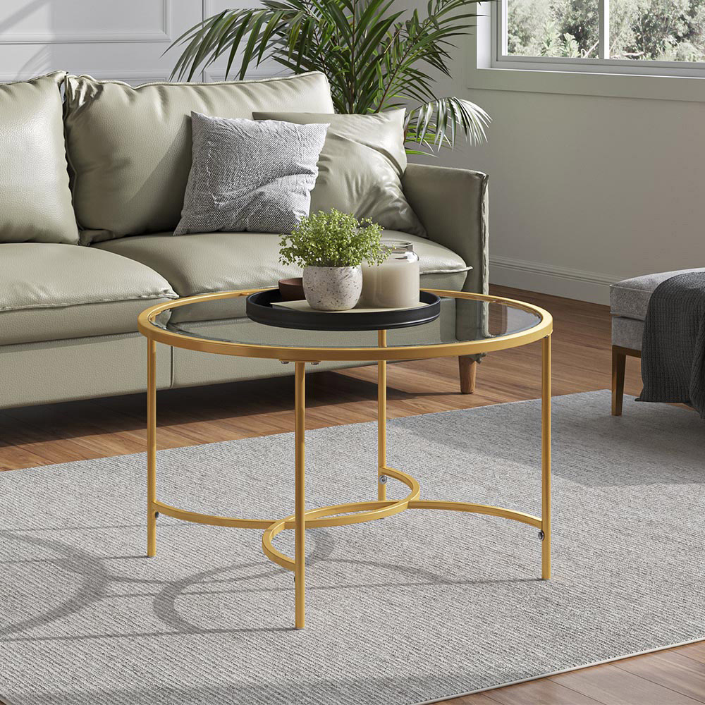 Living and Home Gold Modern Round Tempered Glass Coffee Table Image 3