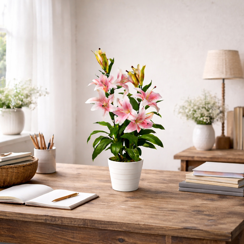 Leaf Pink Stargazer Lilly Artificial Plant in Plastic Pot 3ft Image 2