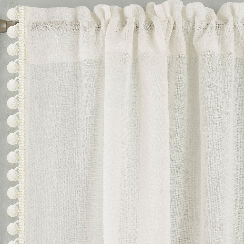 Tyrone Textiles Tahiti Cream Linen Look Pom Pom Trim Rod Pocket Voile Panel Curtains 140 x 137cm Image 2