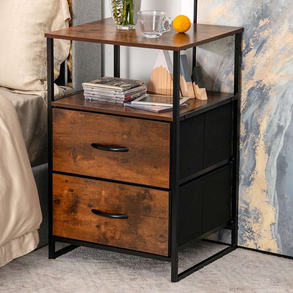 Costway 2 Drawer Single Shelf Rustic Brown Storage Unit Image 1