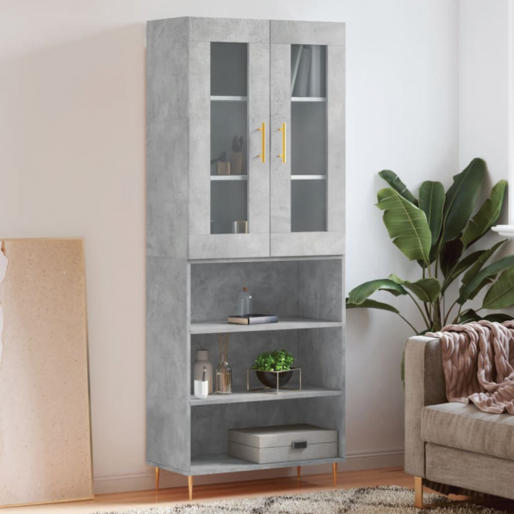 vidaXL 2 Glass Door 3 Shelf Concrete Grey Tall Highboard with Gold Handles and Metal Legs Image 1