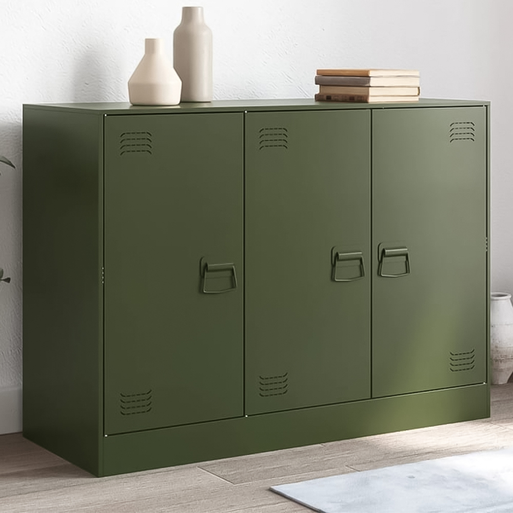 vidaXL 3 Door Olive Green Metal Sideboard Image 1